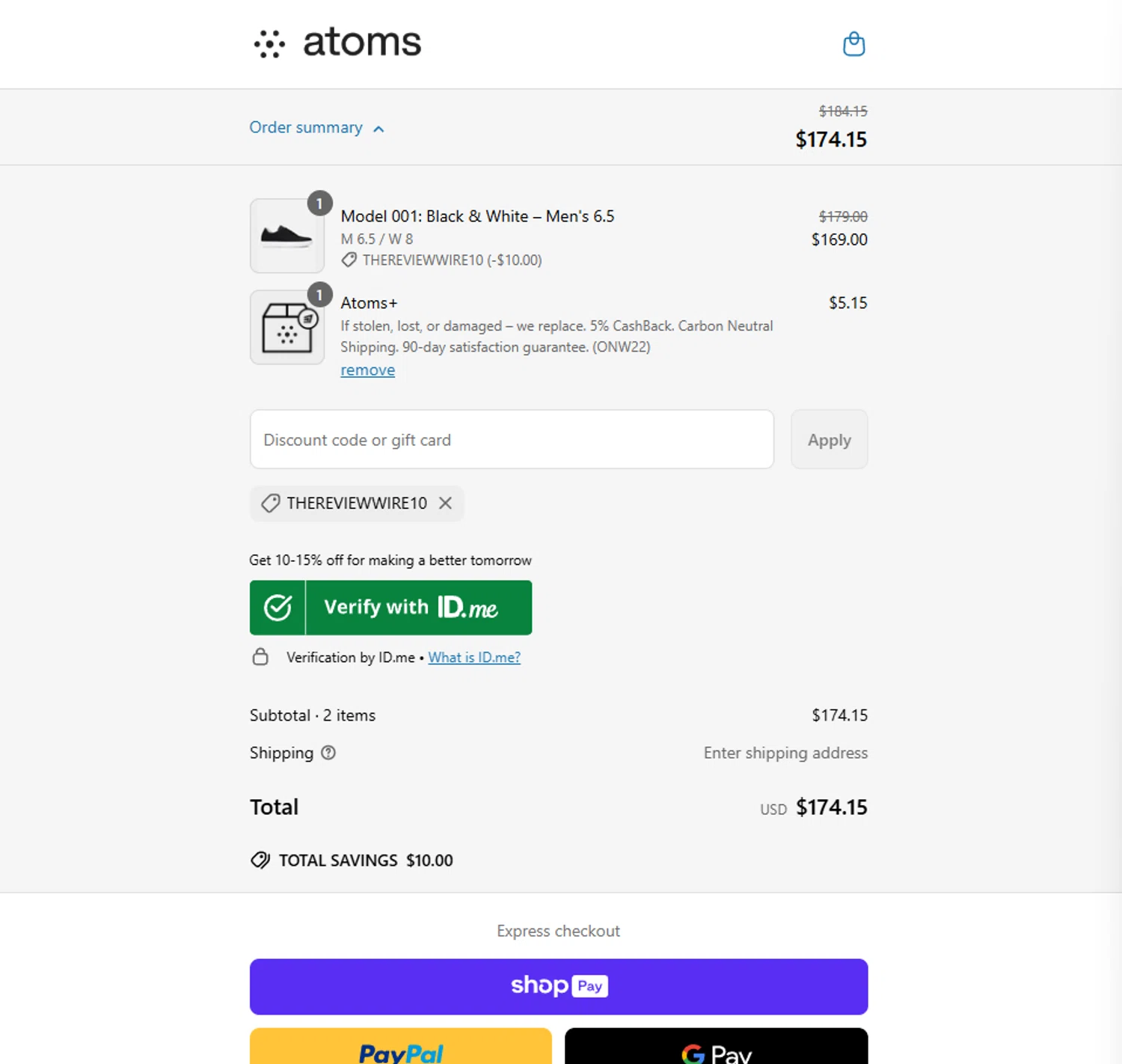 Atoms promo code screenshot showing code THEREVIEWWIRE10 applied at Atoms checkout page. Uploaded by SimplyCodes community member PillarsofCreation on May 19, 2025