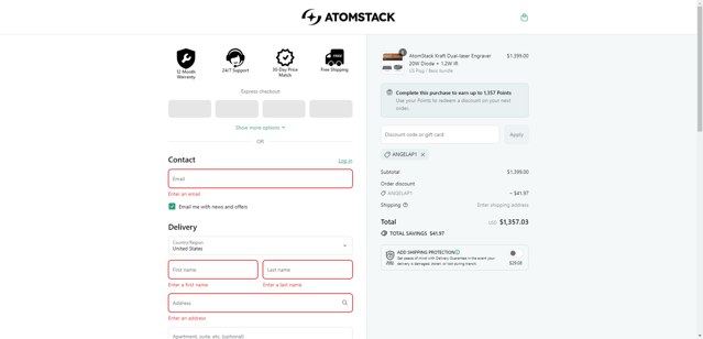 Atomstack Online Store checkout page showing Atomstack Online Store promo code box | Screenshot taken by SimplyCodes community member on Sep 4, 2025