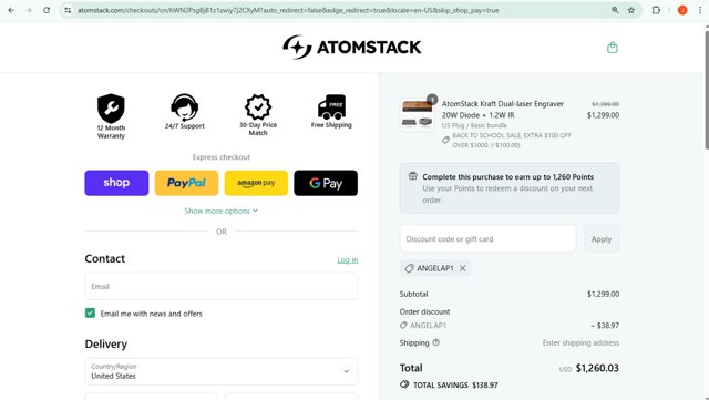 Atomstack Online Store checkout page showing Atomstack Online Store promo code box | Screenshot taken by SimplyCodes community member on Aug 31, 2025