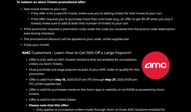 Atom Tickets checkout page showing Atom Tickets promo code box | Screenshot taken by SimplyCodes community member on May 25, 2025