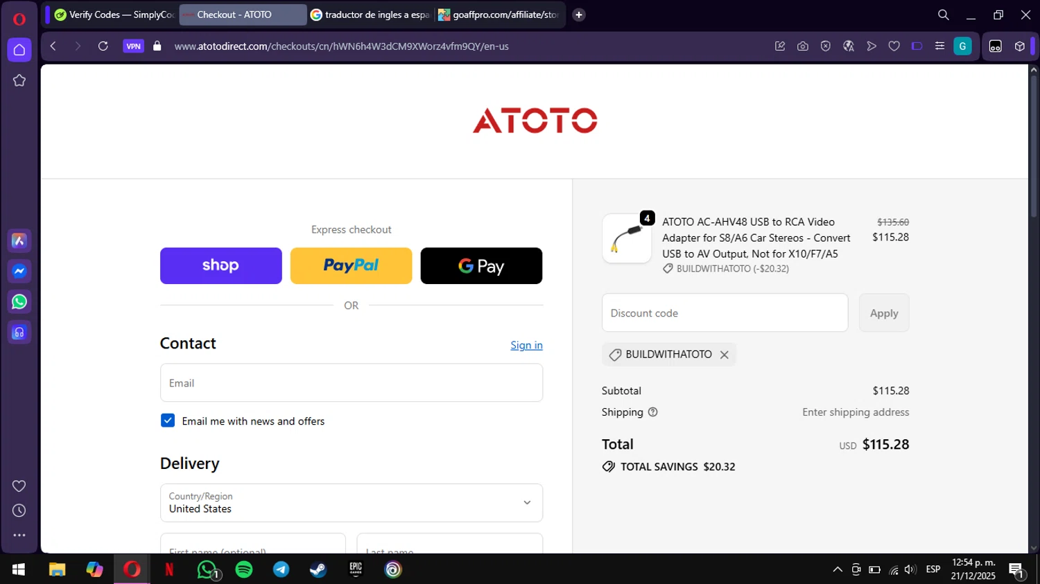 ATOTO Car Stereo promo code screenshot showing code BuildwithATOTO applied at ATOTO Car Stereo checkout page. Uploaded by SimplyCodes community member ValiantWarden3907 on Dec 21, 2025