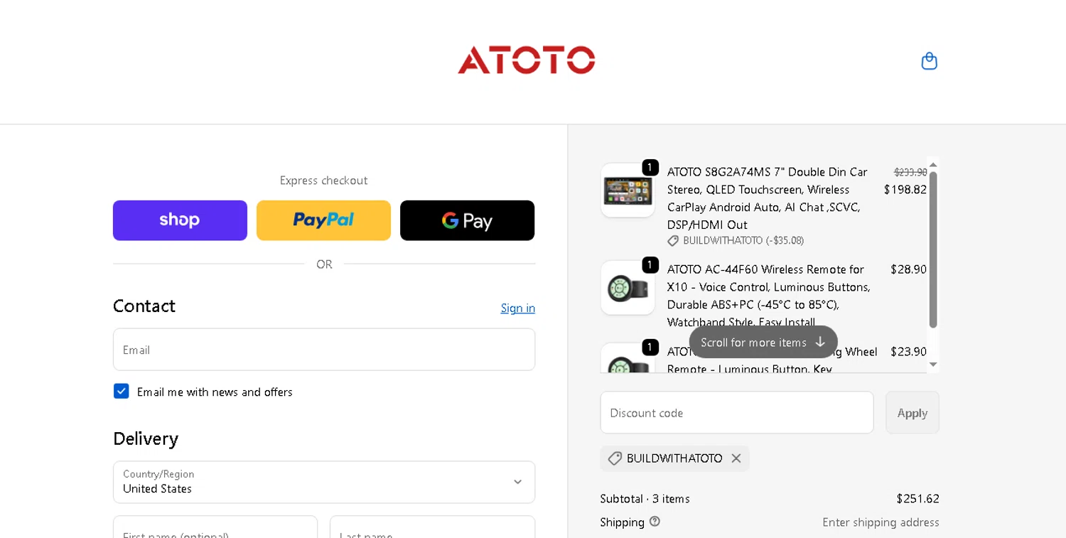 ATOTO Car Stereo promo code screenshot showing code BuildwithATOTO applied at ATOTO Car Stereo checkout page. Uploaded by SimplyCodes community member shark12 on Dec 21, 2025