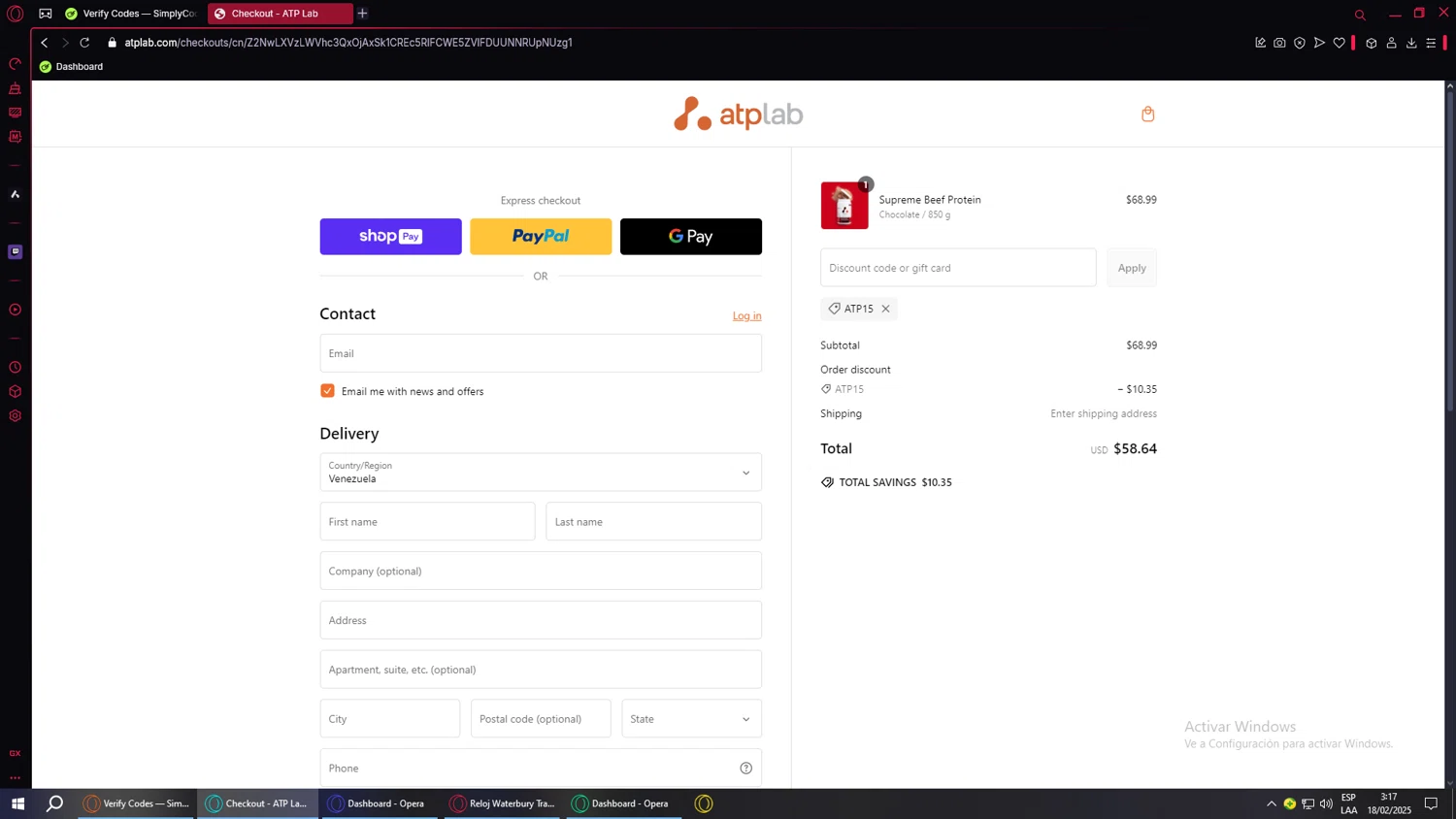 ATP promo code screenshot showing code ATP15 applied at ATP checkout page. Uploaded by SimplyCodes community member ValueWarden4201 on Feb 18, 2025