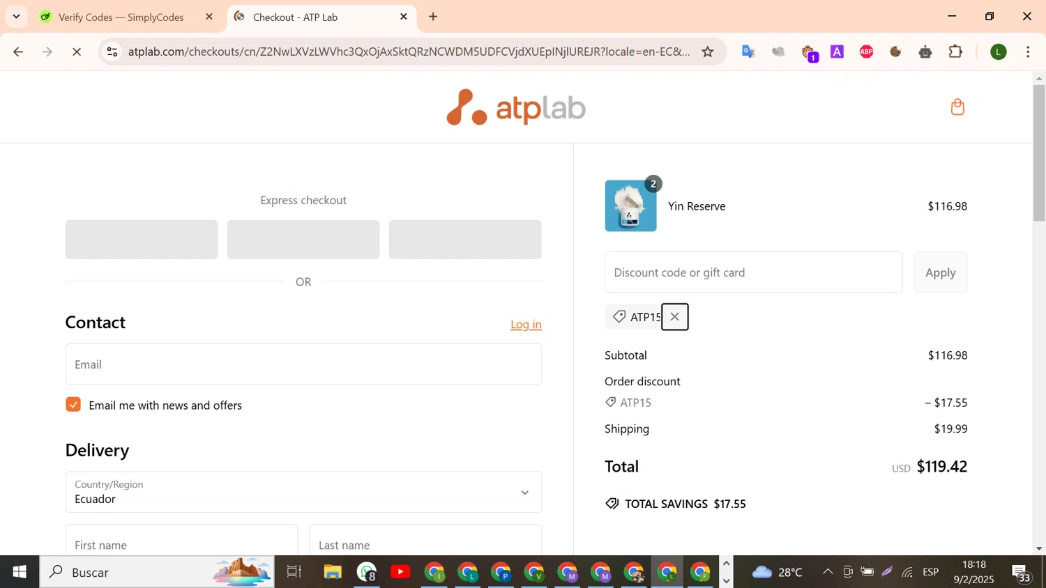 ATP promo code screenshot showing code ATP15 applied at ATP checkout page. Uploaded by SimplyCodes community member SavvySeeker4827 on Feb 9, 2025