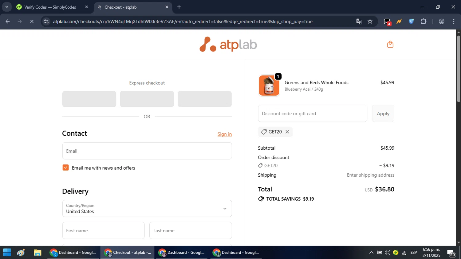 ATP promo code screenshot showing code GET20 applied at ATP checkout page. Uploaded by SimplyCodes community member RebateRanger5627 on Nov 2, 2025