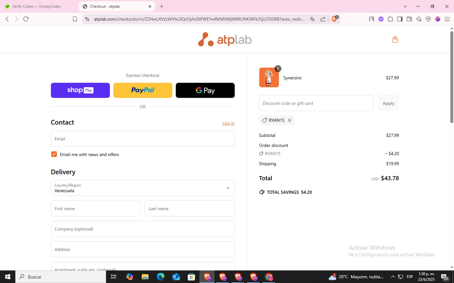 ATP promo code screenshot showing code ryan15 applied at ATP checkout page. Uploaded by SimplyCodes community member CodeLynx5272 on Jun 23, 2025
