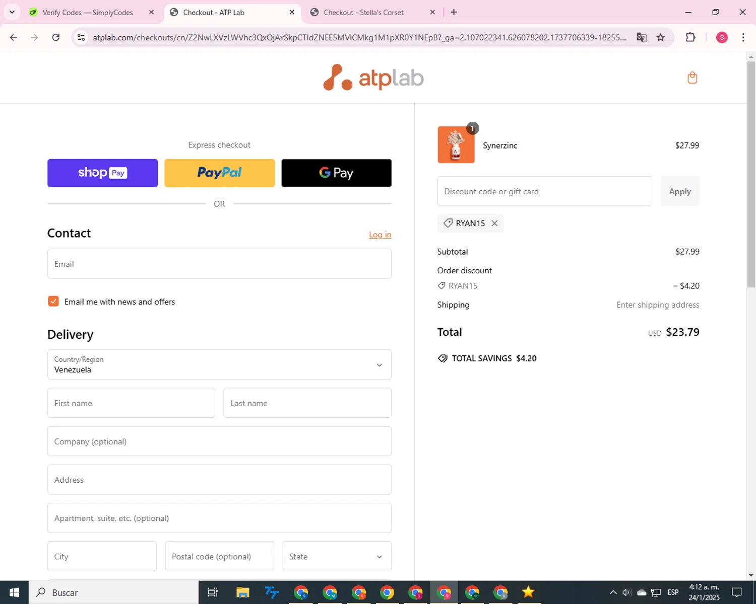 ATP promo code screenshot showing code ryan15 applied at ATP checkout page. Uploaded by SimplyCodes community member 00000056 on Jan 24, 2025