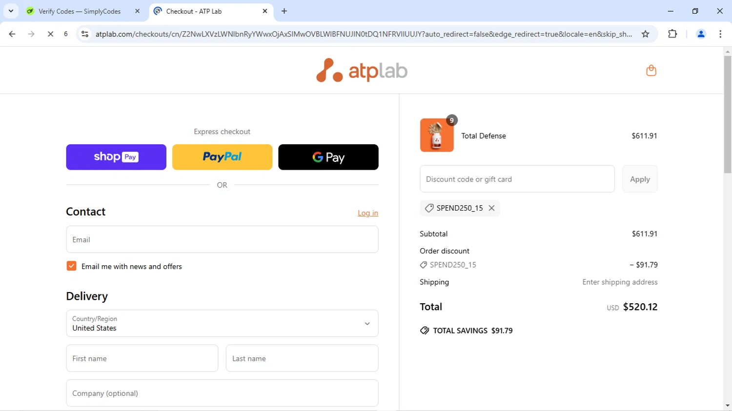 ATP promo code screenshot showing code SPEND250_15 applied at ATP checkout page. Uploaded by SimplyCodes community member MoneyMaverick9441 on Apr 16, 2025