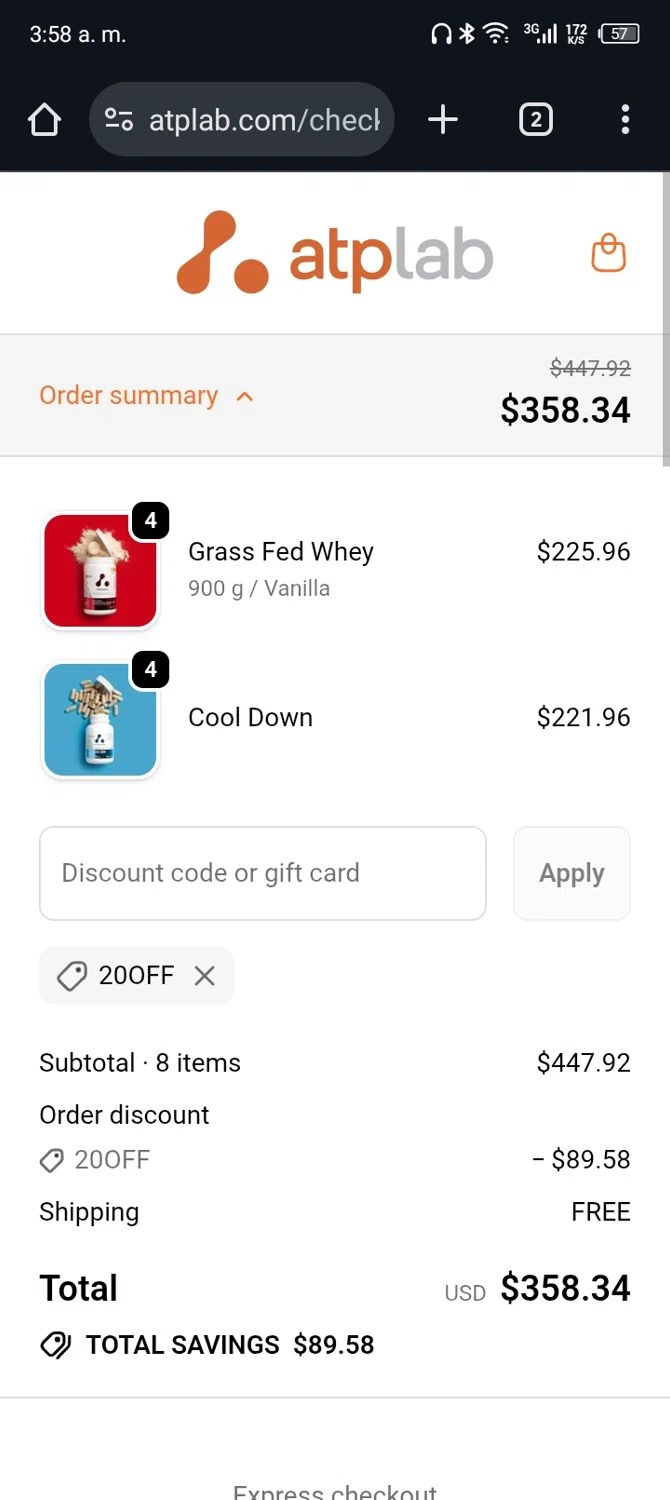 ATP promo code screenshot showing code 20OFF applied at ATP checkout page. Uploaded by SimplyCodes community member Rafita on Oct 12, 2025