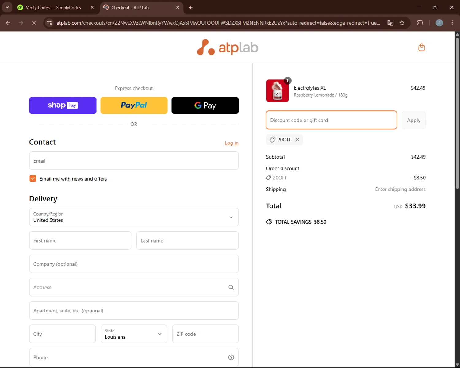 ATP promo code screenshot showing code 20OFF applied at ATP checkout page. Uploaded by SimplyCodes community member BonusGuardian249 on Apr 16, 2025