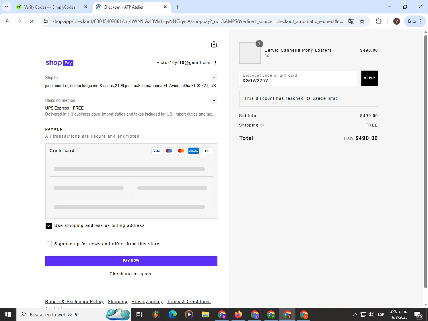 ATP Atelier promo code screenshot showing code 8GGW325V applied at ATP Atelier checkout page. Uploaded by SimplyCodes community member CashLion3448 on Aug 16, 2025
