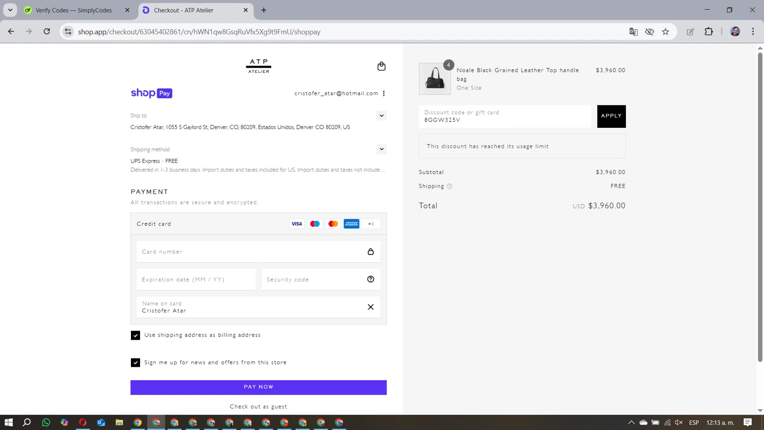 ATP Atelier promo code screenshot showing code 8GGW325V applied at ATP Atelier checkout page. Uploaded by SimplyCodes community member MarielisPb on Aug 16, 2025