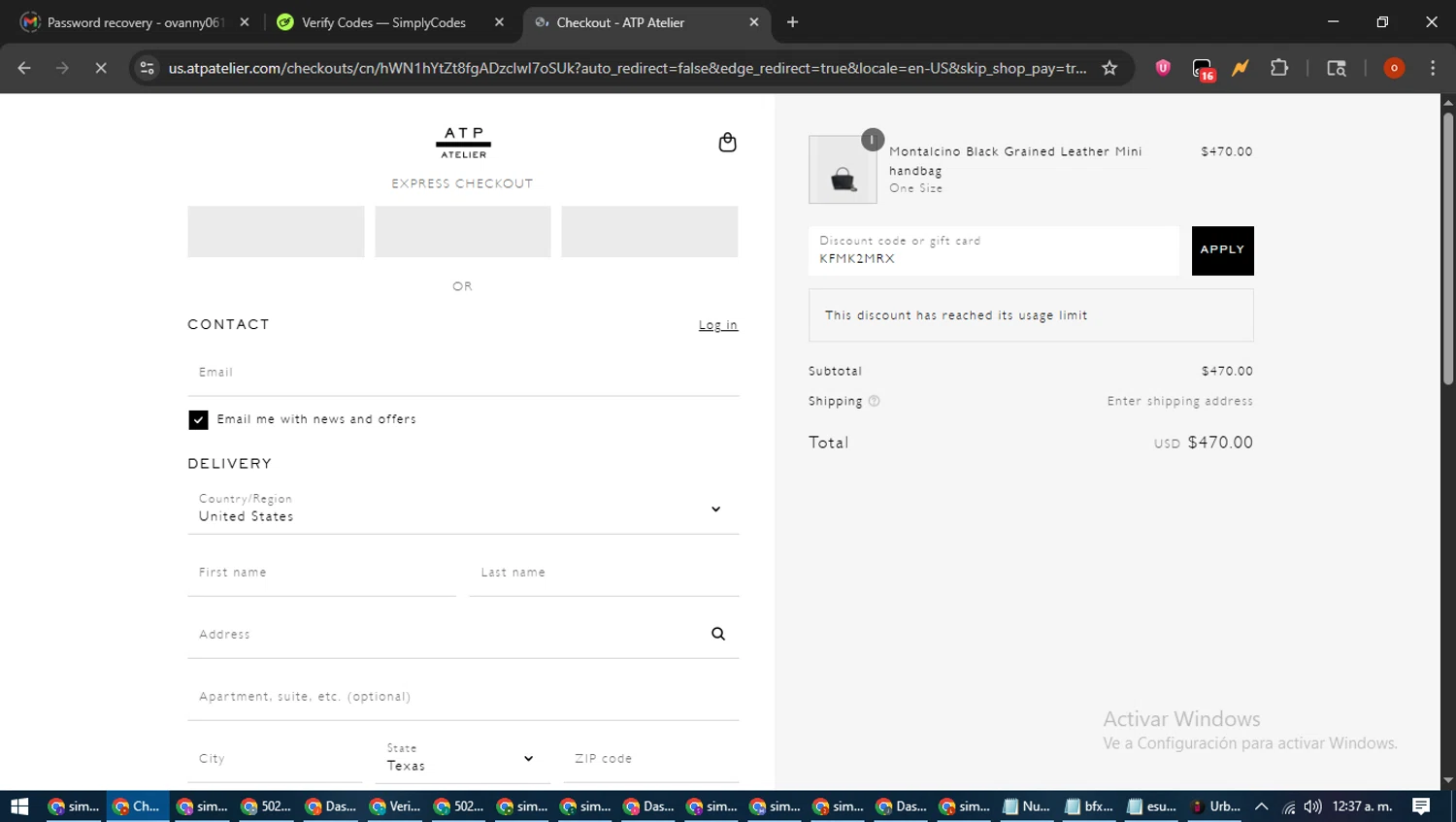ATP Atelier promo code screenshot showing code KFMK2MRX applied at ATP Atelier checkout page. Uploaded by SimplyCodes community member WiseTracker2171 on Aug 12, 2025