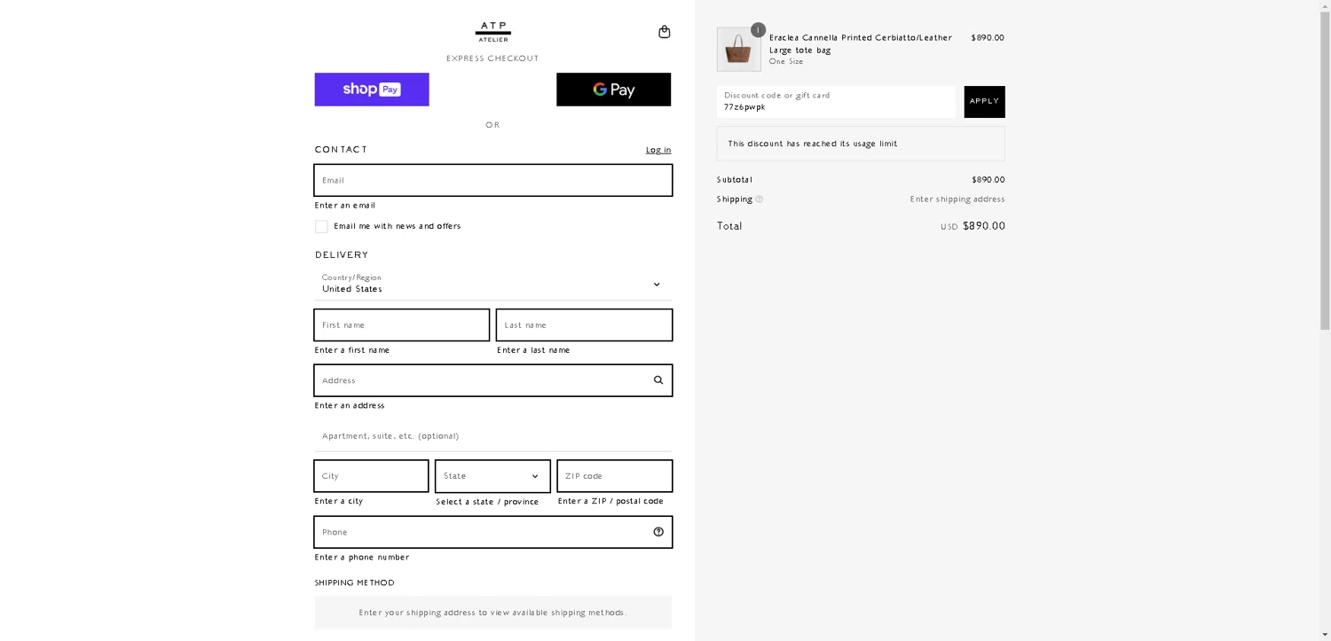 ATP Atelier promo code screenshot showing code 77z6pwpk applied at ATP Atelier checkout page. Uploaded by SimplyCodes community member SwiftLynx7415 on Aug 25, 2025
