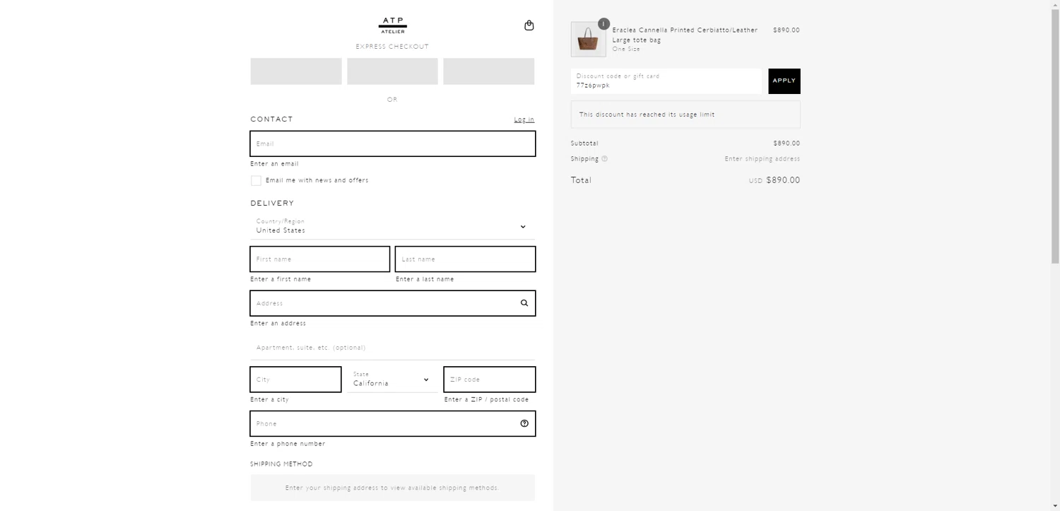 ATP Atelier promo code screenshot showing code 77z6pwpk applied at ATP Atelier checkout page. Uploaded by SimplyCodes community member TreasureKnight4134 on Aug 25, 2025