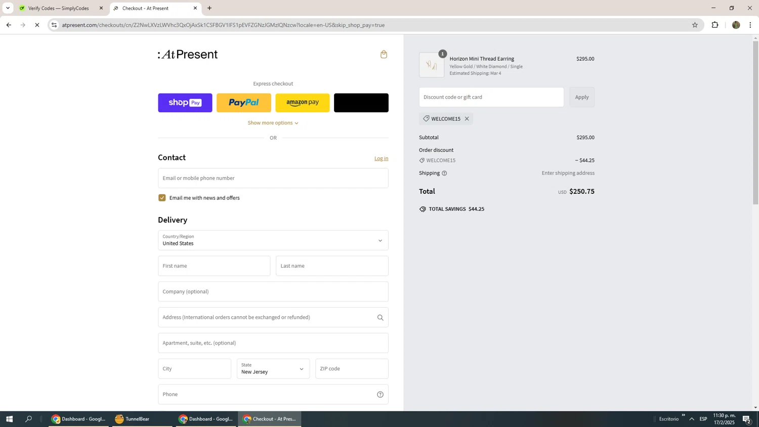 At Present discount code screenshot showing code WELCOME15 applied at At Present checkout page. Uploaded by SimplyCodes community member Phoenix585 on Feb 18, 2025
