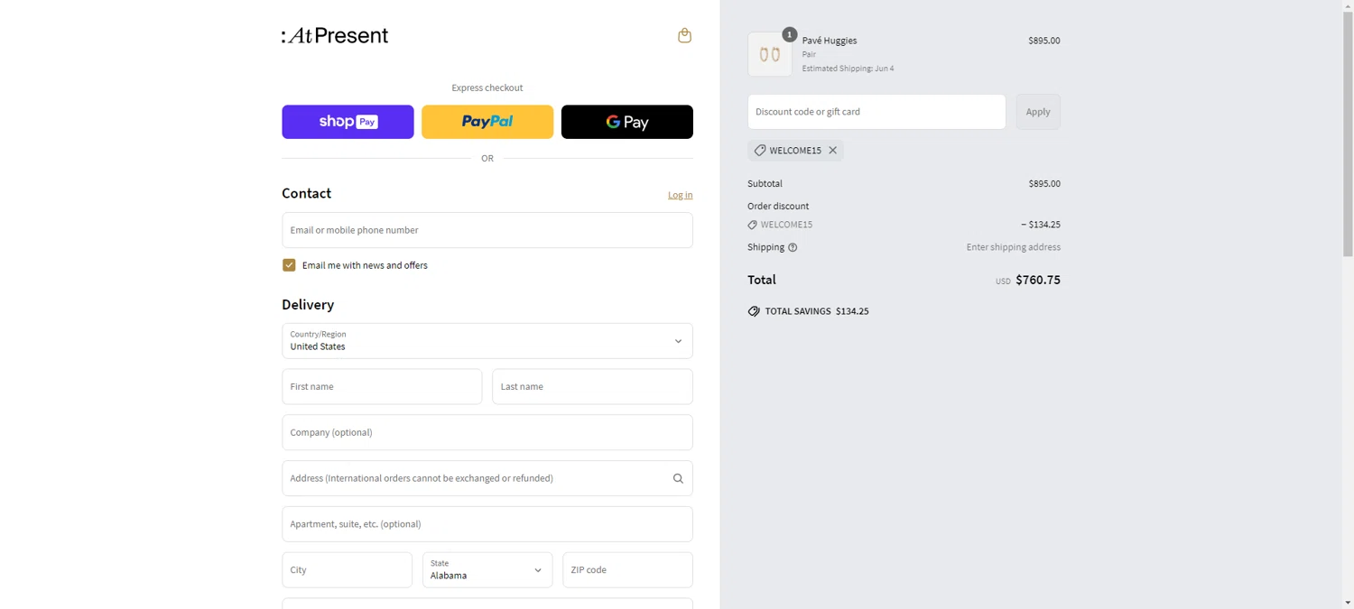 At Present discount code screenshot showing code WELCOME15 applied at At Present checkout page. Uploaded by SimplyCodes community member ScanRanger3503 on May 7, 2025