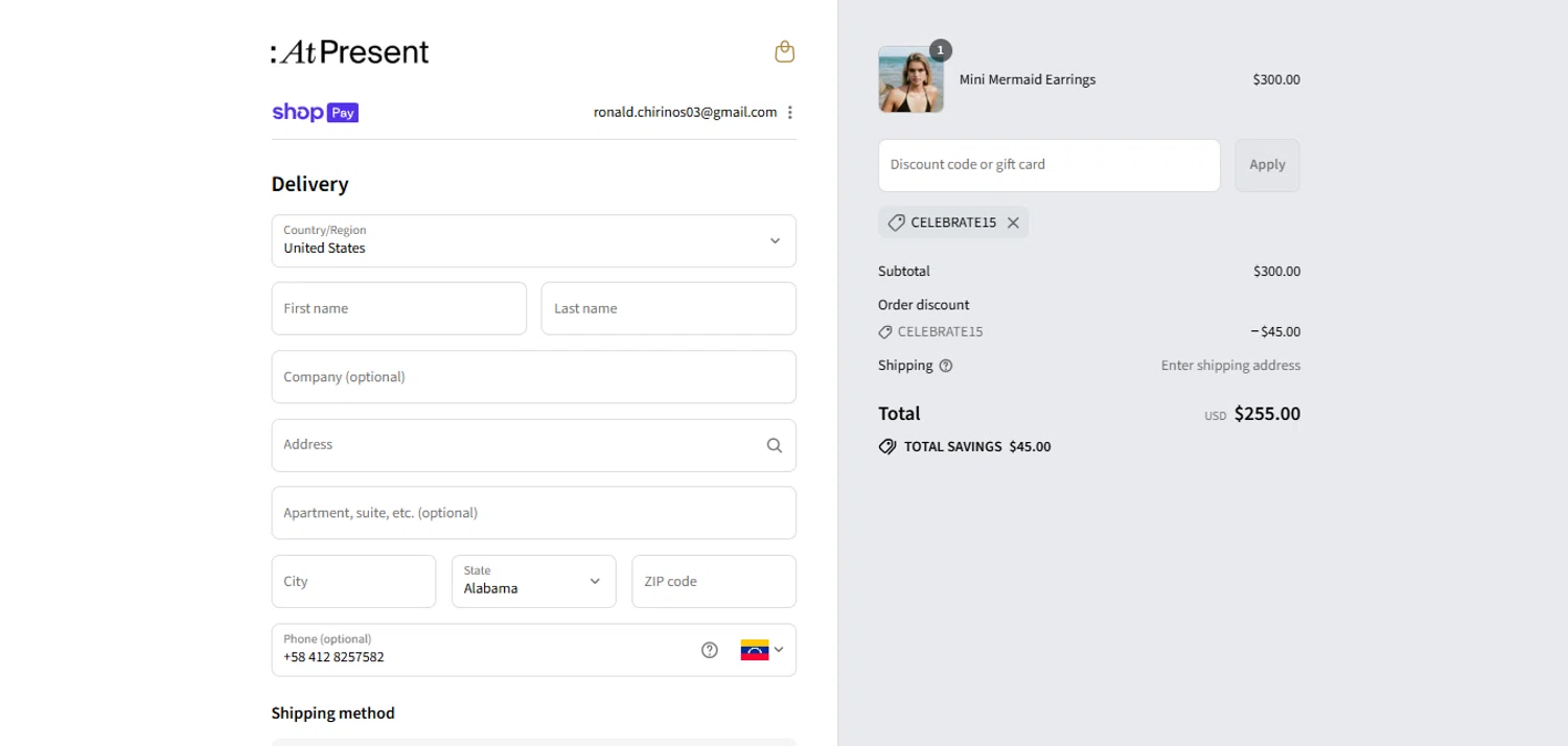 At Present discount code screenshot showing code CELEBRATE15 applied at At Present checkout page. Uploaded by SimplyCodes community member ValiantMaverick169 on Jul 28, 2025