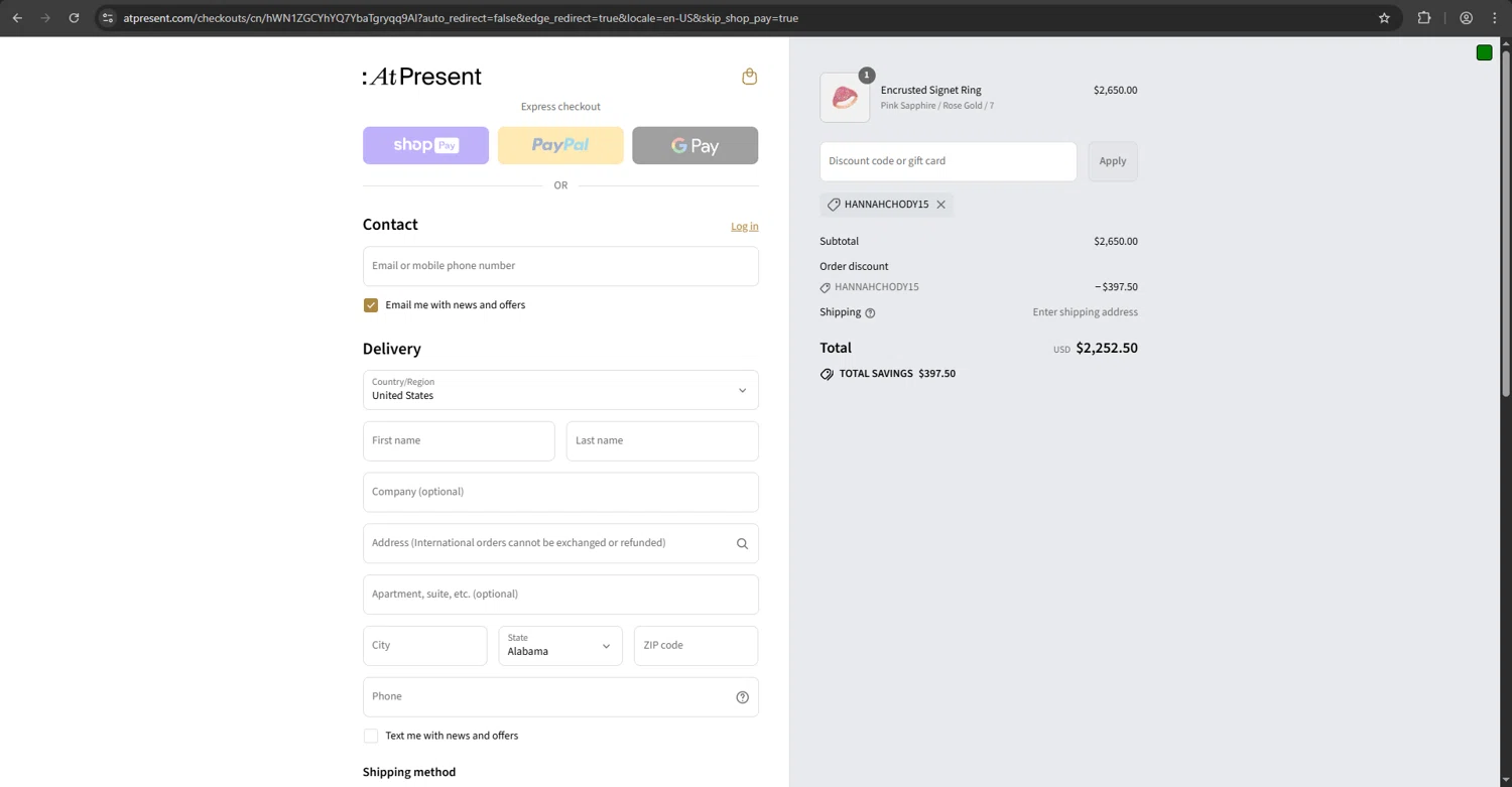 At Present discount code screenshot showing code hannahchody15 applied at At Present checkout page. Uploaded by SimplyCodes community member TheNewAge on Aug 8, 2025