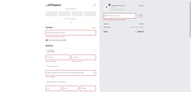 At Present checkout page showing At Present discount code box | Screenshot taken by SimplyCodes community member on Sep 5, 2025