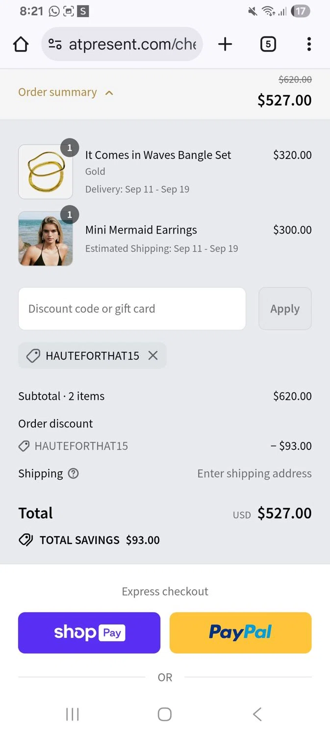 At Present discount code screenshot showing code Hauteforthat15 applied at At Present checkout page. Uploaded by SimplyCodes community member KarinaHZ on Aug 26, 2025