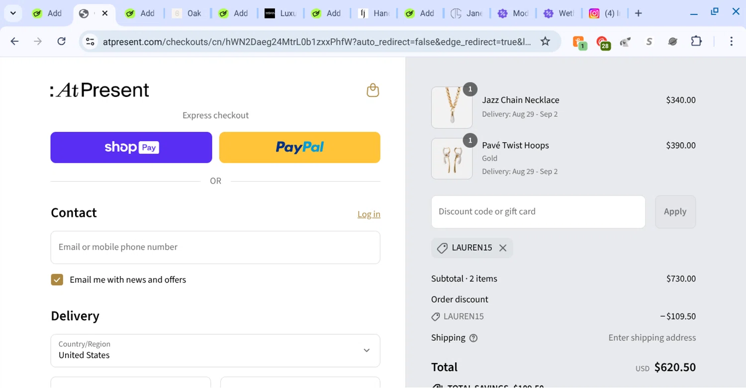At Present discount code screenshot showing code lauren15 applied at At Present checkout page. Uploaded by SimplyCodes community member KarinaHZ on Aug 25, 2025