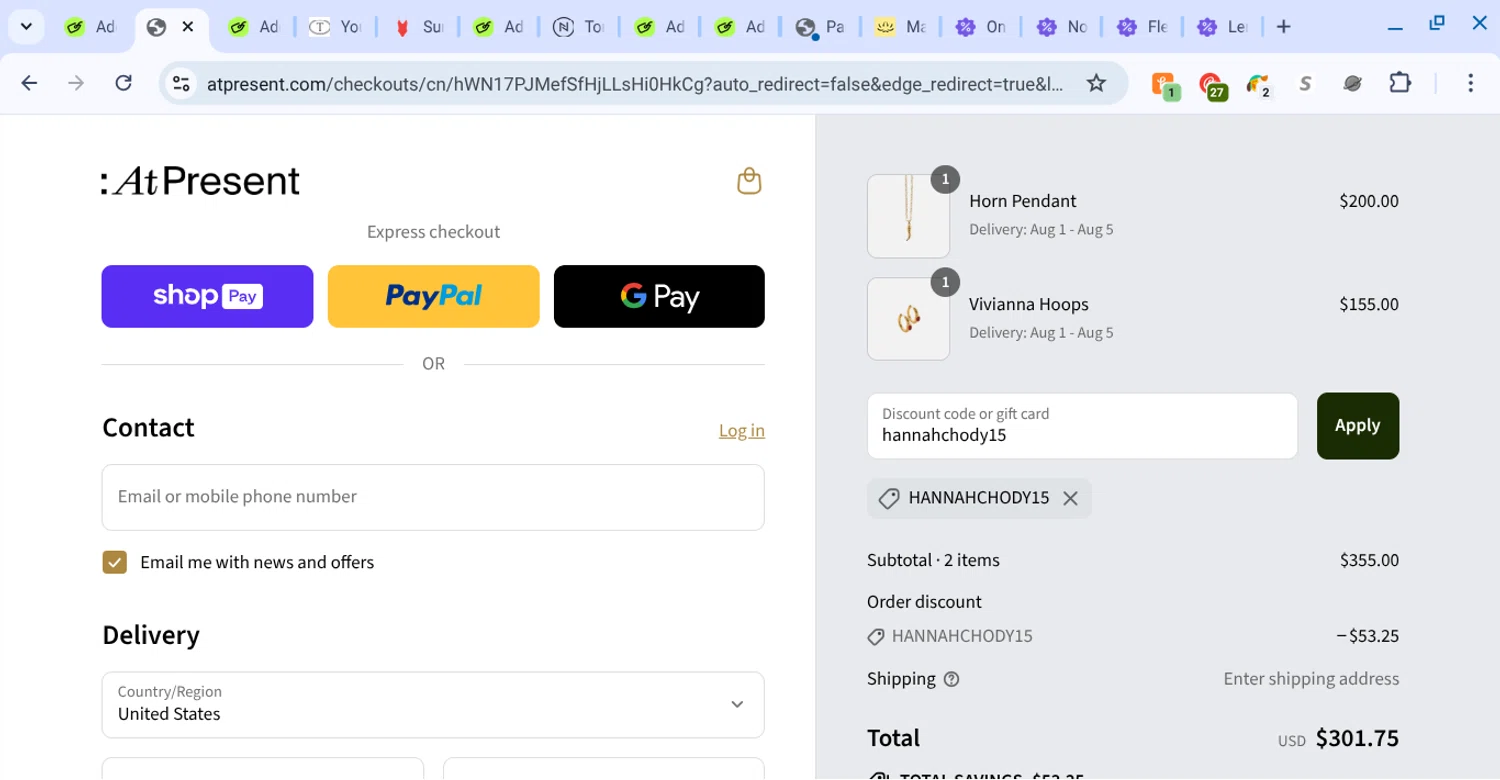 At Present discount code screenshot showing code hannahchody15 applied at At Present checkout page. Uploaded by SimplyCodes community member KarinaHZ on Aug 8, 2025