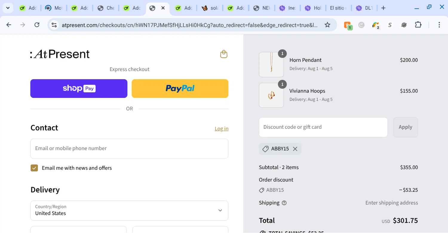 At Present discount code screenshot showing code abby15 applied at At Present checkout page. Uploaded by SimplyCodes community member KarinaHZ on Jul 27, 2025