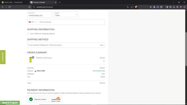 Atrantil checkout page showing Atrantil promo code box | Screenshot taken by SimplyCodes community member on Aug 10, 2025