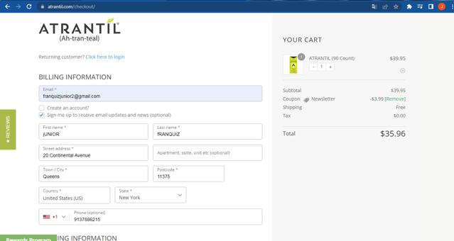 Atrantil checkout page showing Atrantil promo code box | Screenshot taken by SimplyCodes community member on Jun 27, 2025