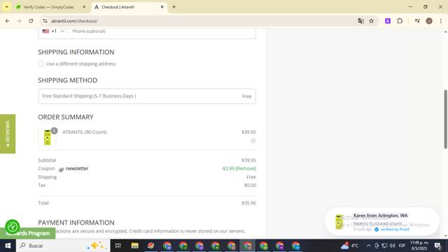 Atrantil checkout page showing Atrantil promo code box | Screenshot taken by SimplyCodes community member on May 9, 2025