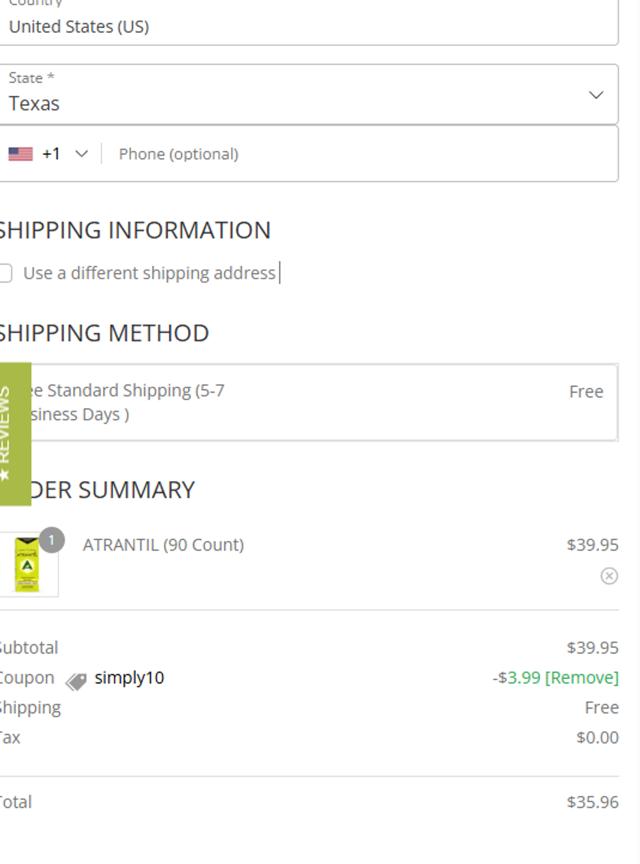 Atrantil checkout page showing Atrantil promo code box | Screenshot taken by SimplyCodes community member on Jun 13, 2025