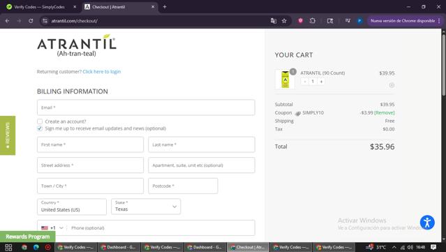 Atrantil checkout page showing Atrantil promo code box | Screenshot taken by SimplyCodes community member on Jun 27, 2025