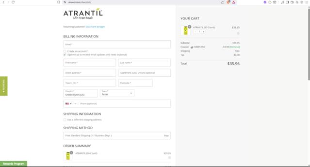 Atrantil checkout page showing Atrantil promo code box | Screenshot taken by SimplyCodes community member on Jun 27, 2025