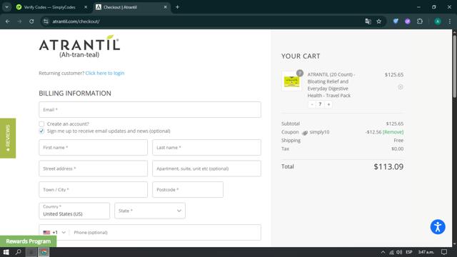 Atrantil checkout page showing Atrantil promo code box | Screenshot taken by SimplyCodes community member on Jun 6, 2025