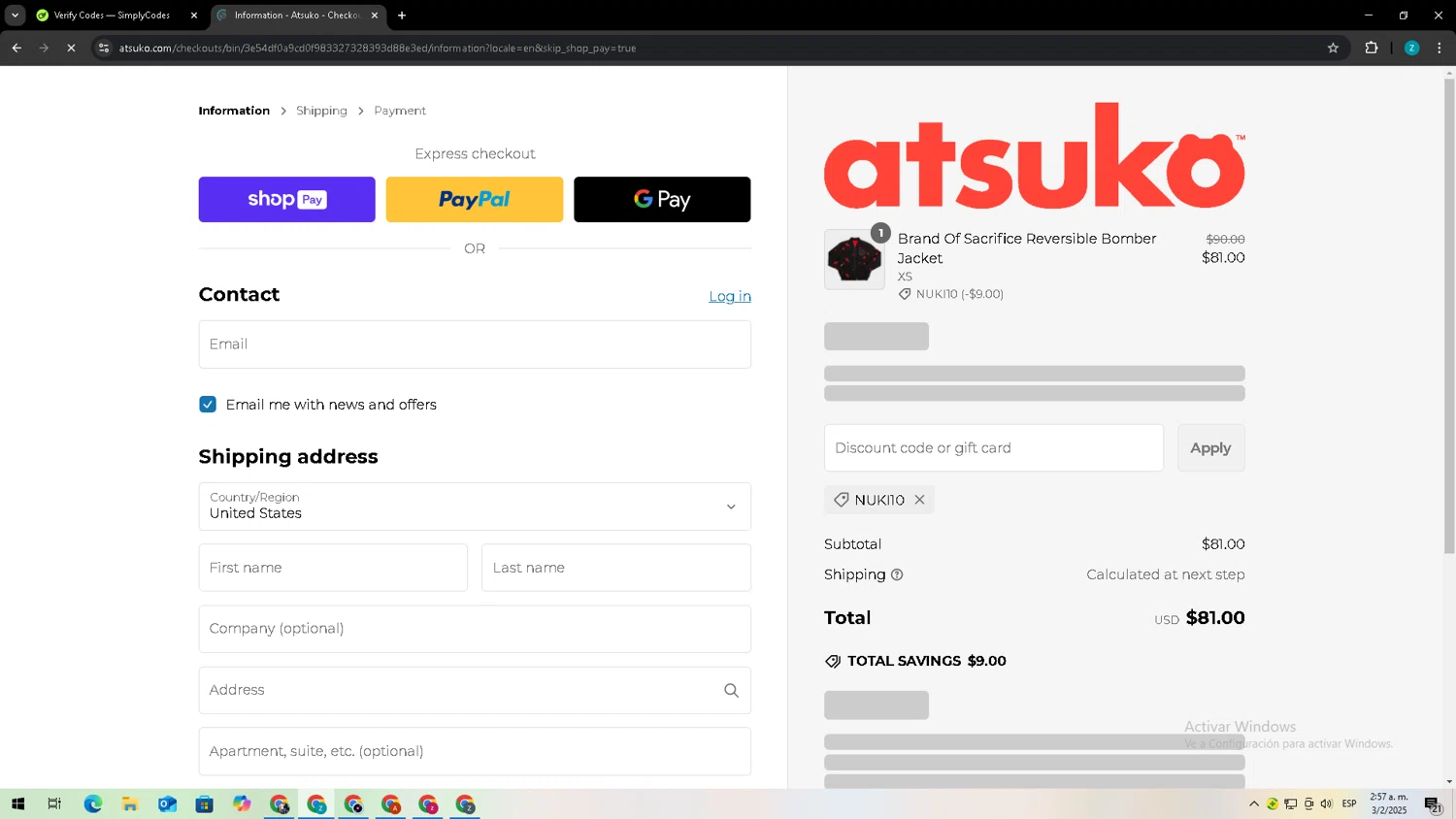 Atsuko discount code screenshot showing code NUKI10 applied at Atsuko checkout page. Uploaded by SimplyCodes community member Zxdqui on Feb 3, 2025