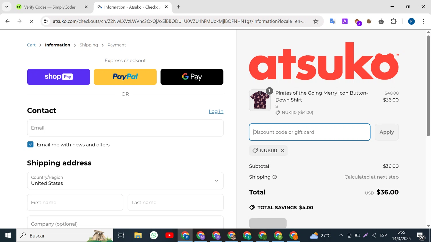 Atsuko discount code screenshot showing code NUKI10 applied at Atsuko checkout page. Uploaded by SimplyCodes community member BrilliantMaven4588 on Mar 14, 2025