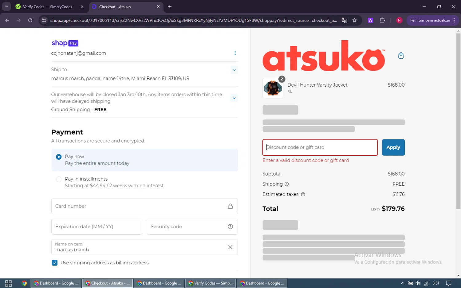 Atsuko discount code screenshot showing code 20SPOOK applied at Atsuko checkout page. Uploaded by SimplyCodes community member CashDefender400 on Jan 10, 2025