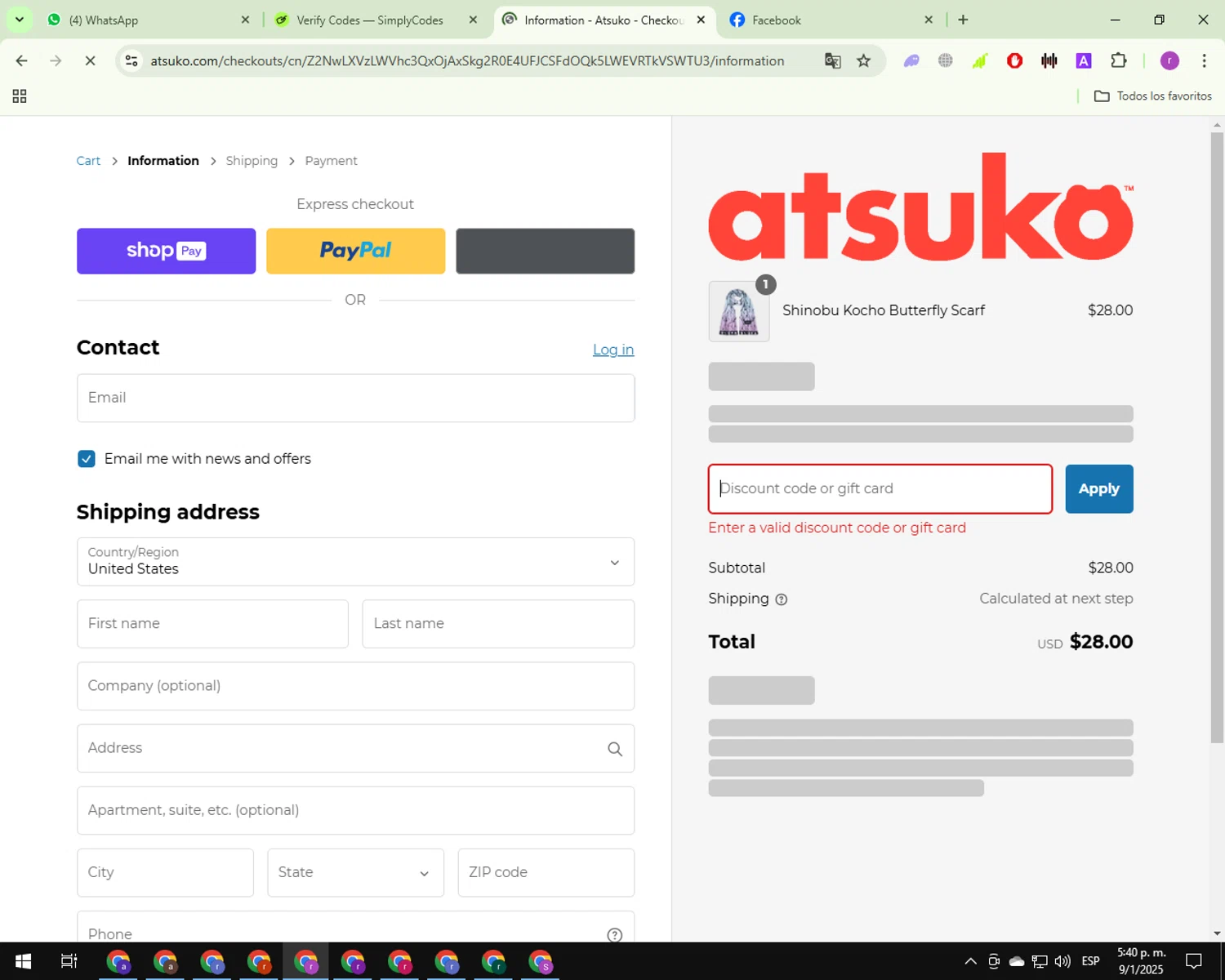 Atsuko discount code screenshot showing code 20SPOOK applied at Atsuko checkout page. Uploaded by SimplyCodes community member ashe1986 on Jan 9, 2025