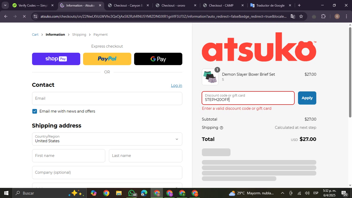 Atsuko discount code screenshot showing code STEPH20OFF applied at Atsuko checkout page. Uploaded by SimplyCodes community member BrilliantTracker4207 on Apr 6, 2025