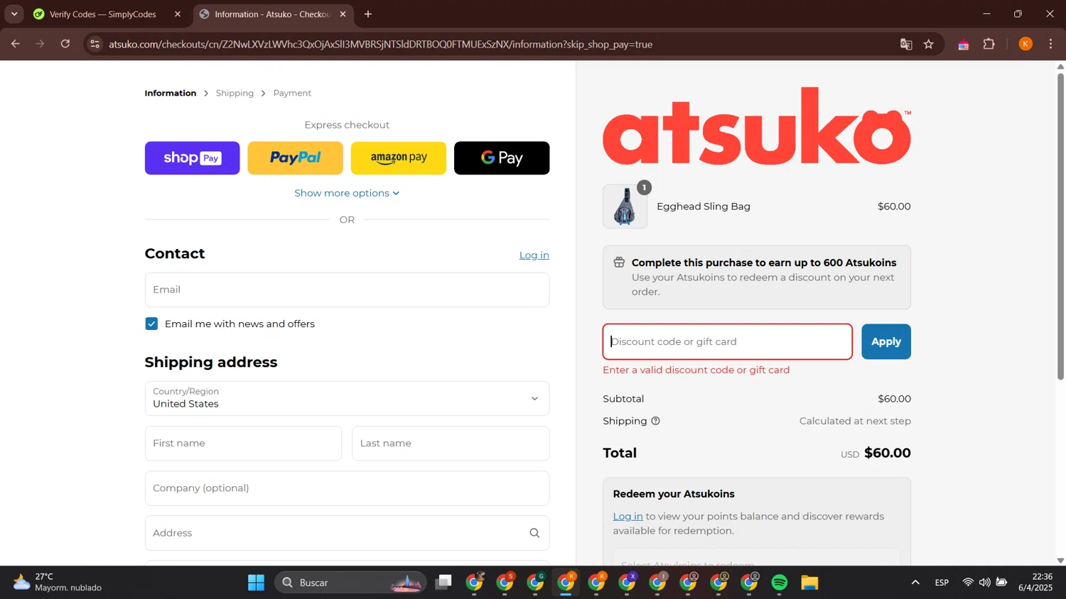 Atsuko discount code screenshot showing code STEPH20OFF applied at Atsuko checkout page. Uploaded by SimplyCodes community member BonusCurator3058 on Apr 7, 2025