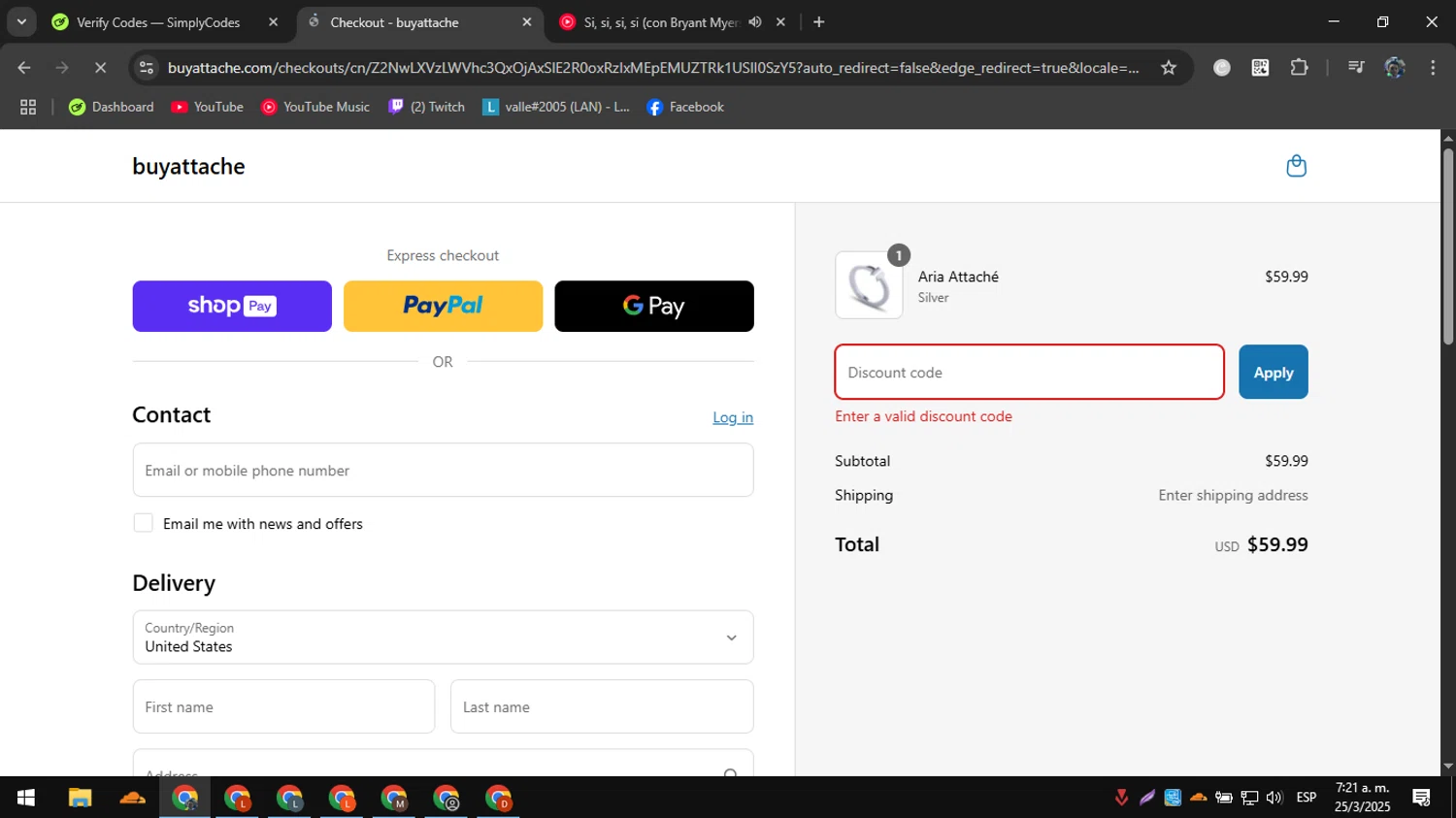 Attaché promo code screenshot showing code 67CFZTYS363D applied at Attaché checkout page. Uploaded by SimplyCodes community member RoyalAdmiral1682 on Mar 25, 2025