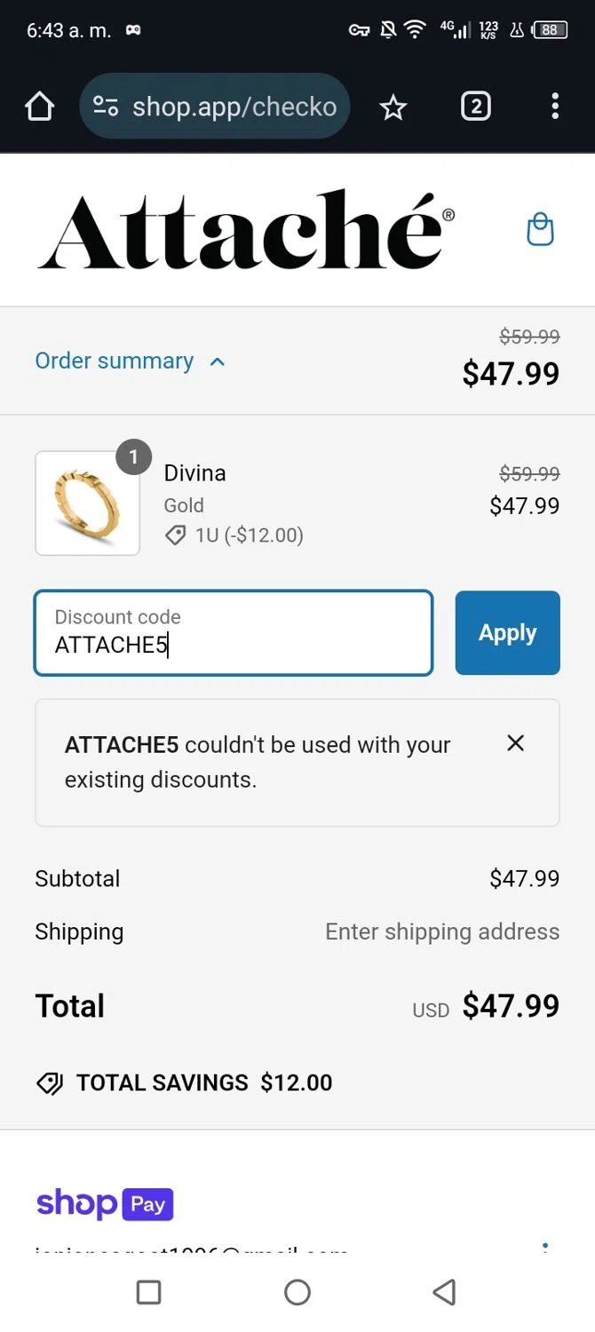 Attaché promo code screenshot showing code ATTACHE5 applied at Attaché checkout page. Uploaded by SimplyCodes community member Junniorduno on Feb 2, 2025