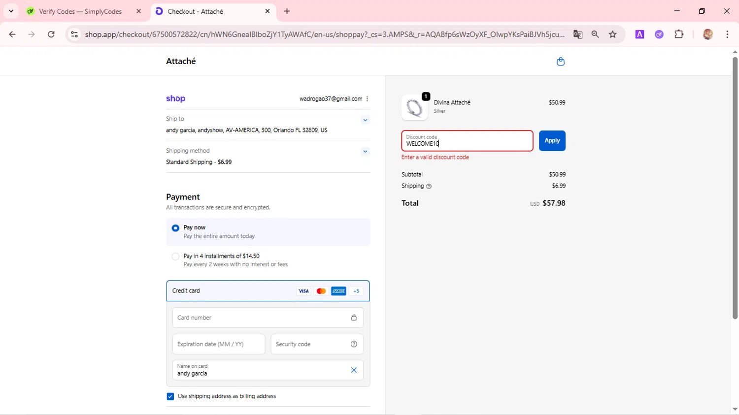 Attaché promo code screenshot showing code WELCOME10 applied at Attaché checkout page. Uploaded by SimplyCodes community member FortunatePilot2384 on Dec 10, 2025