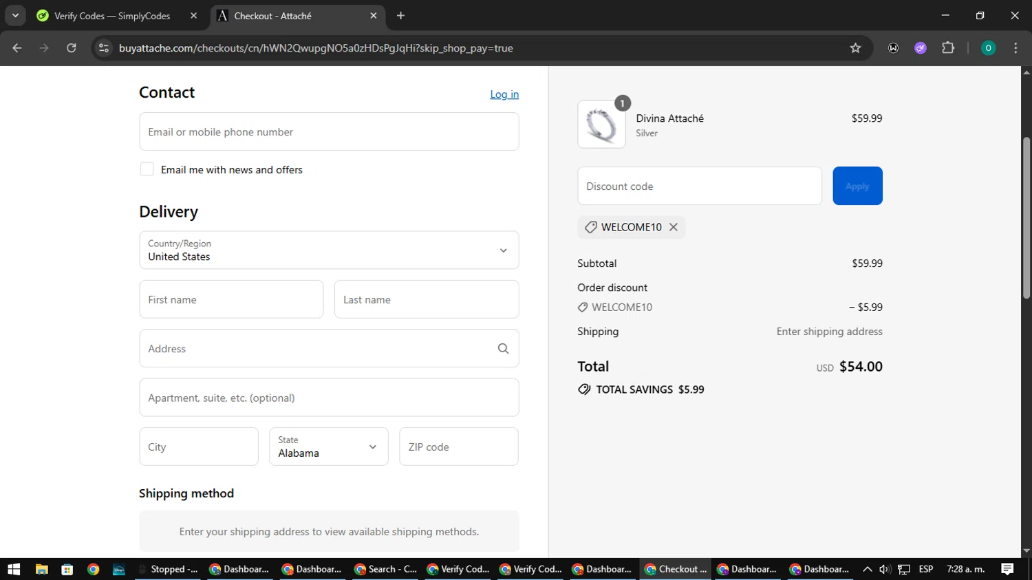 Attaché promo code screenshot showing code WELCOME10 applied at Attaché checkout page. Uploaded by SimplyCodes community member LuckyDefender9428 on Aug 31, 2025