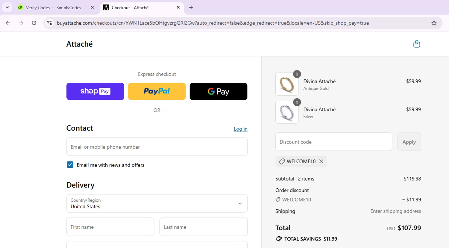 Attaché checkout page showing Attaché promo code box | Screenshot taken by SimplyCodes community member on Aug 2, 2025