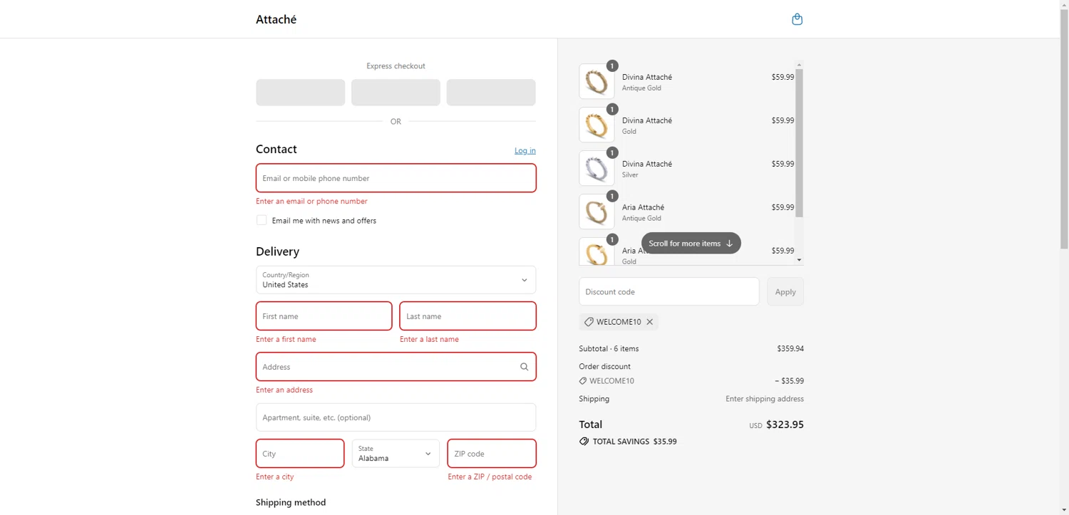 Attaché checkout page showing Attaché promo code box | Screenshot taken by SimplyCodes community member on Jul 25, 2025