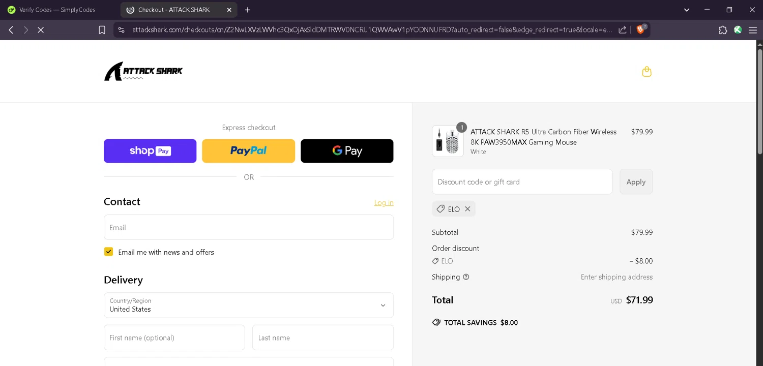 Attack Shark discount code screenshot showing code ELO applied at Attack Shark checkout page. Uploaded by SimplyCodes community member Estefani4 on May 28, 2025