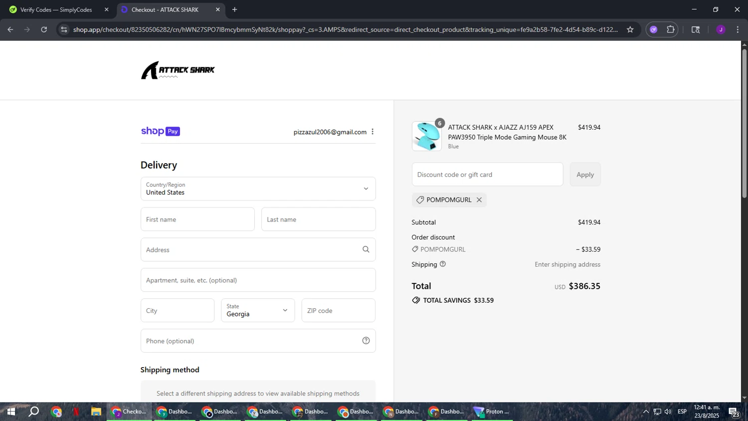 Attack Shark discount code screenshot showing code POMPOMGURL applied at Attack Shark checkout page. Uploaded by SimplyCodes community member ComeBurra123 on Aug 23, 2025
