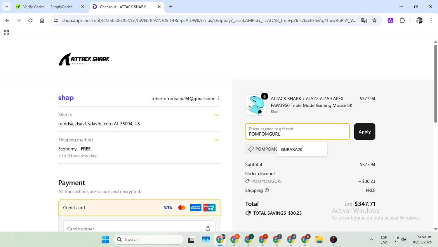 Attack Shark discount code screenshot showing code POMPOMGURL applied at Attack Shark checkout page. Uploaded by SimplyCodes community member alfredohernandez on Nov 30, 2025